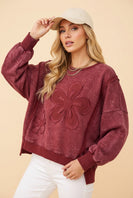 Heimish Floral Applique Puff Sleeve Sweatshirt in Burgundy