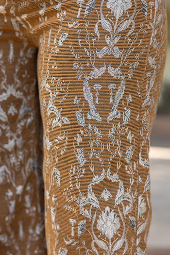 VOY Floral Jacquard Pants in Brown