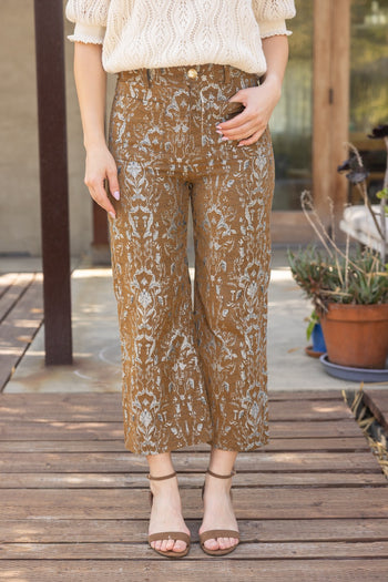 VOY Floral Jacquard Pants in Brown