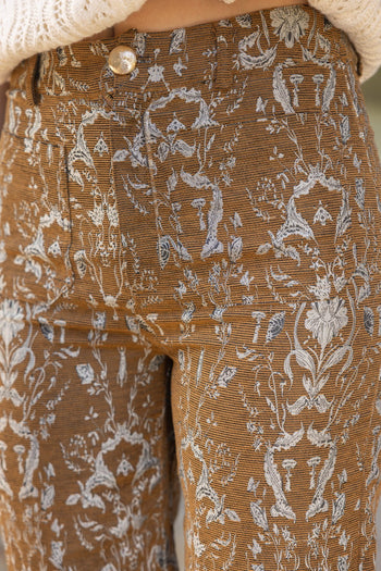 VOY Floral Jacquard Pants in Brown
