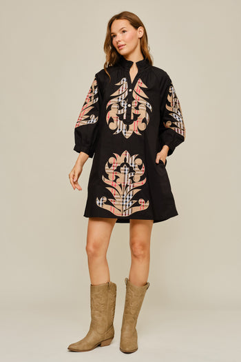Jodifl Check Pattern Baroque Applique Dress in Black