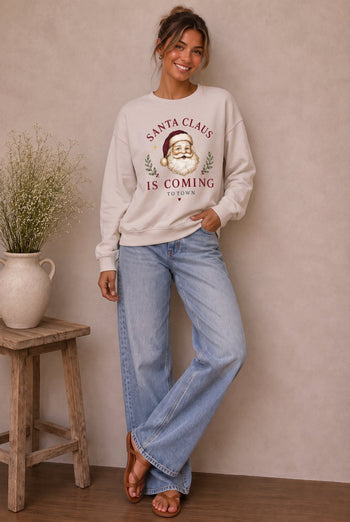 Tres Bien Santa Claus Is Coming To Town Graphic Sweatshirt in Ivory