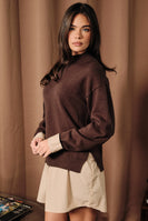 Sunday Edition Mock Neck Layered Shirt Hem Tunic Top in Brown