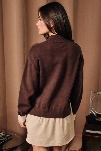 Sunday Edition Mock Neck Layered Shirt Hem Tunic Top in Brown