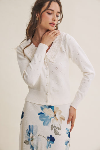 In February Pointelle Pearl Button Cardigan in Pearled Ivory