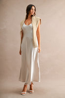 MABLE V Neck Sweater Top And Satin Midi Dress Set in Light Taupe