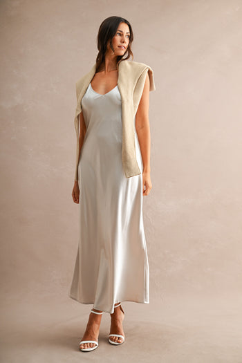 MABLE V Neck Sweater Top And Satin Midi Dress Set in Light Taupe