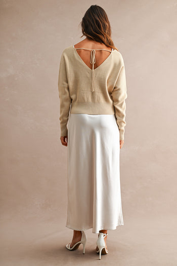 MABLE V Neck Sweater Top And Satin Midi Dress Set in Light Taupe