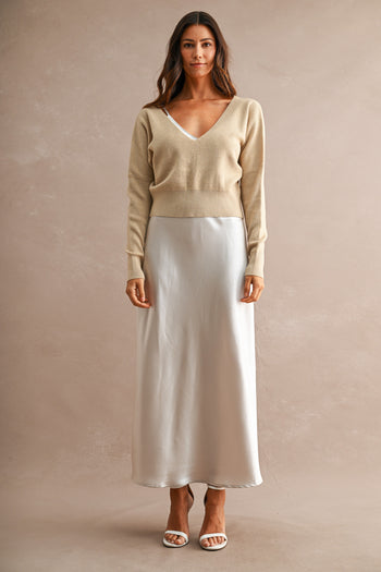 MABLE V Neck Sweater Top And Satin Midi Dress Set in Light Taupe