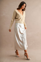 MABLE V Neck Sweater Top And Satin Midi Dress Set in Light Taupe