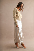 MABLE V Neck Sweater Top And Satin Midi Dress Set in Light Taupe