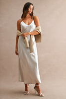 MABLE V Neck Sweater Top And Satin Midi Dress Set in Light Taupe