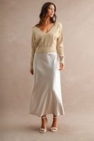 MABLE V Neck Sweater Top And Satin Midi Dress Set in Light Taupe