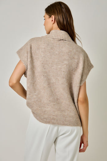 Mystree Sequin Turtleneck Sweater Top in Stone