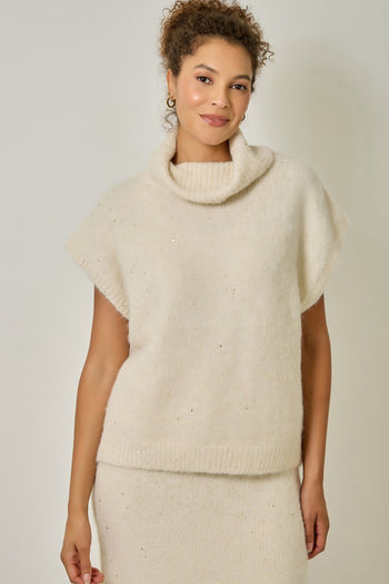 Mystree Sequin Turtleneck Sweater Top in Ivory