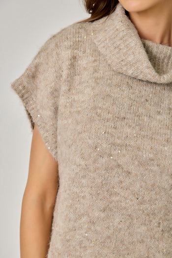 Mystree Sequin Turtleneck Sweater Top in Stone