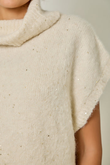 Mystree Sequin Turtleneck Sweater Top in Ivory