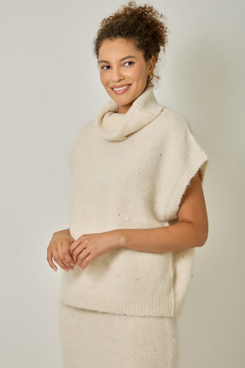 Mystree Sequin Turtleneck Sweater Top in Ivory