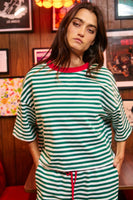 BucketList Striped Oversized Boxy Tee With Contrast Neck Band in Green/Ivory