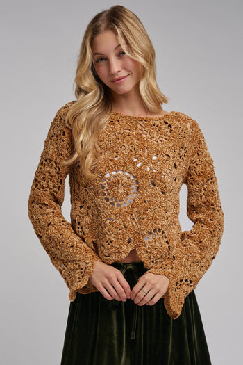 BON Chenille Knit Crochet Lace Sweater in Camel
