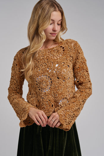 BON Chenille Knit Crochet Lace Sweater in Camel