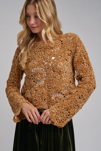 BON Chenille Knit Crochet Lace Sweater in Camel