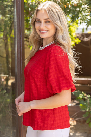 VOY Pearl Round Neck Houndstooth Bubble Sleeve Top in Red