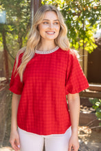 Load image into Gallery viewer, VOY Pearl Round Neck Houndstooth Bubble Sleeve Top in Red
