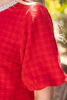 VOY Pearl Round Neck Houndstooth Bubble Sleeve Top in Red