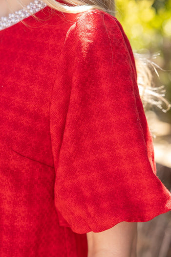 VOY Pearl Round Neck Houndstooth Bubble Sleeve Top in Red