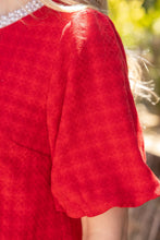 Load image into Gallery viewer, VOY Pearl Round Neck Houndstooth Bubble Sleeve Top in Red
