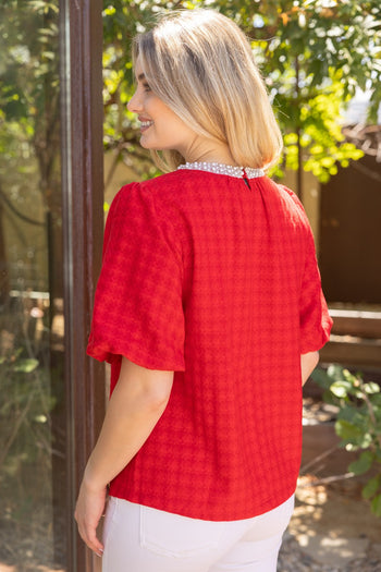 VOY Pearl Round Neck Houndstooth Bubble Sleeve Top in Red