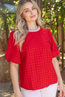 VOY Pearl Round Neck Houndstooth Bubble Sleeve Top in Red