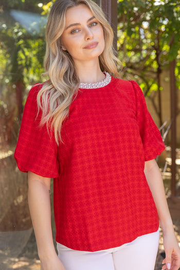 VOY Pearl Round Neck Houndstooth Bubble Sleeve Top in Red