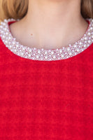 VOY Pearl Round Neck Houndstooth Bubble Sleeve Top in Red