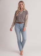 Tres Bien Striped Polo Collar Cloudy Knit Sweater in Brown/Taupe