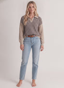 Tres Bien Striped Polo Collar Cloudy Knit Sweater in Brown/Taupe