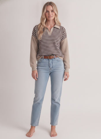 Tres Bien Striped Polo Collar Cloudy Knit Sweater in Brown/Taupe