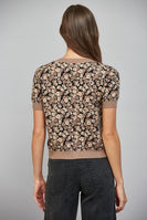 FATE Floral Jacquard Knit Short Sleeve Cardigan in Mocha Black