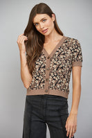 FATE Floral Jacquard Knit Short Sleeve Cardigan in Mocha Black