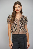FATE Floral Jacquard Knit Short Sleeve Cardigan in Mocha Black