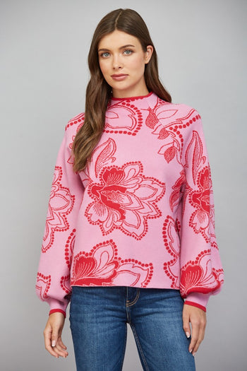 FATE Floral Jacquard Knit Mock Neck Sweater in Pink