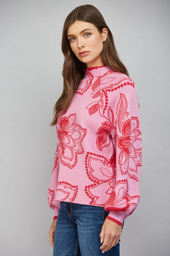 FATE Floral Jacquard Knit Mock Neck Sweater in Pink