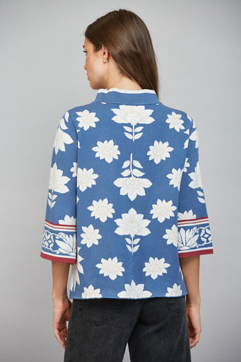 FATE Floral Border Jacquard Knit Mock Neck Sweater Steel Blue