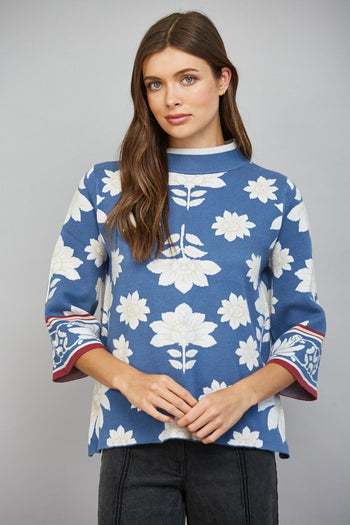 FATE Floral Border Jacquard Knit Mock Neck Sweater Steel Blue