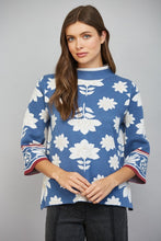 Load image into Gallery viewer, FATE Floral Border Jacquard Knit Mock Neck Sweater Steel Blue
