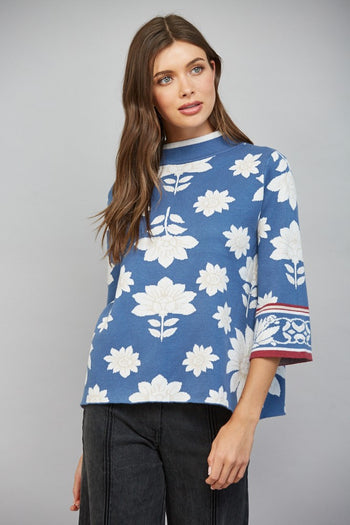 FATE Floral Border Jacquard Knit Mock Neck Sweater Steel Blue