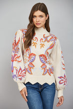 Load image into Gallery viewer, FATE Floral and Leaf Motif Jacquard Knit Waved Edge Detail Sweater in Beige
