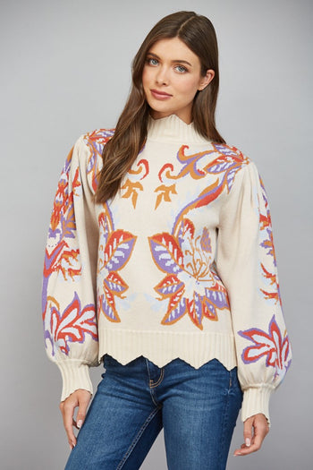 FATE Floral and Leaf Motif Jacquard Knit Waved Edge Detail Sweater in Beige