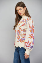 Load image into Gallery viewer, FATE Floral and Leaf Motif Jacquard Knit Waved Edge Detail Sweater in Beige
